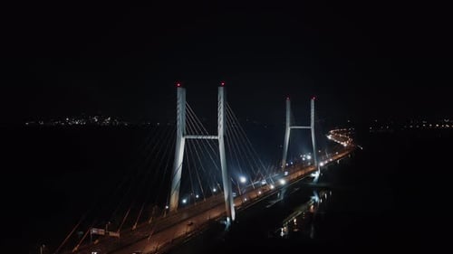 Aerial View Traffic on City Bridge Road at Night Roadway in Modern Big City in Evening