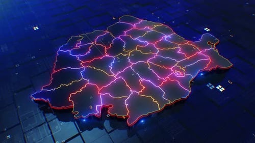Futuristic Romania Map with Pulsing Neon Data Network