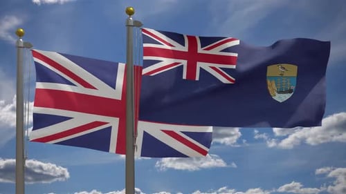 United Kingdom and Saint Helena Flags Waving
