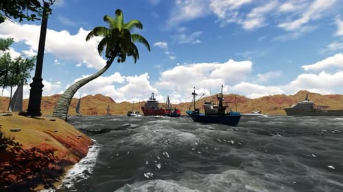 Tropical beach with palm trees and clouds