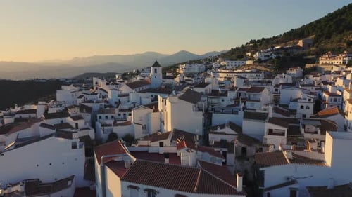 Aerial Drone View of Spain, Spanish Town in Mountains at Sunset, Costa Del Sol, Andalusia (Andalucia