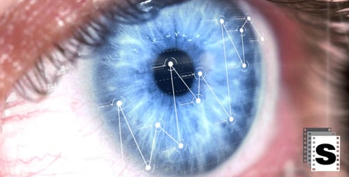 Macro View of Eye with Digital Stock Ticker