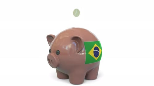 Animated Coins Fall into Brazilian Flag Piggy Bank for Savings