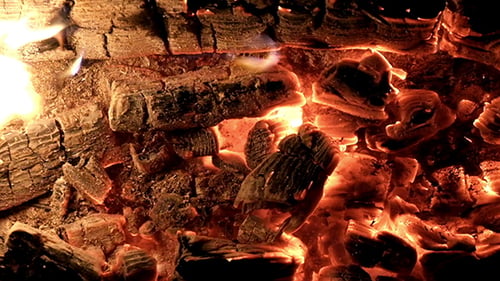 Glowing Red Embers of Burning Wood and Flames