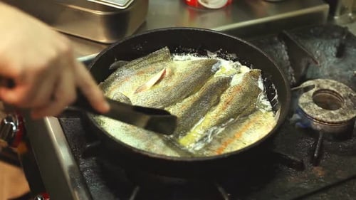 Fresh Fish Frying in a Pan on Stovetop
