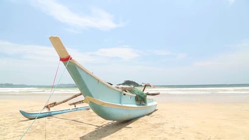View Of Wooden Fishing Boats On Beach In Weligama, Sri Lanka.