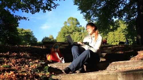 Woman Using Laptop on Park Steps in Sunlight
