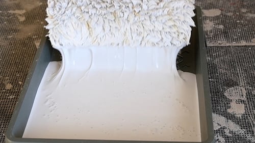 Paint Roller Submerged in White Paint, Close Up