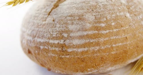 Fresh Baked Bread Close Up with Wheat Shafts