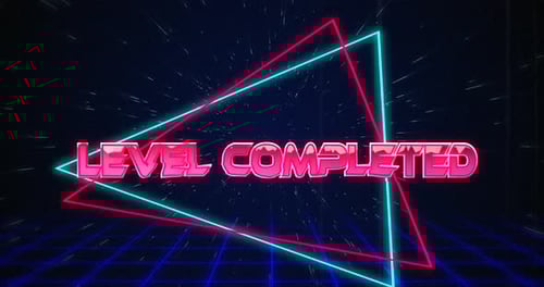Retro Level Completed text glitching over blue and red triangles on white hyperspace effect
