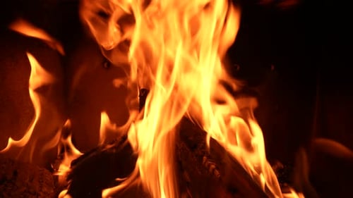 Roaring Fire Flames in Dark Fireplace