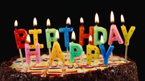 Happy Birthday Cake with Burning Letter Candles