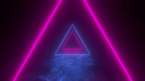 Flying through glowing rotating neon triangles creating a tunnel, blue red pink violet spectrum