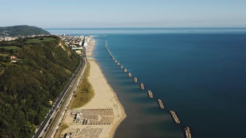 Amazing Aerial Panorama of Gorgeous Summer Italian Sea Coast, Golden Public Sandy Beach with Chairs