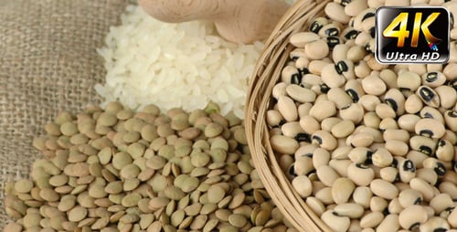 Rice, Beans, Lentils on Burlap Background