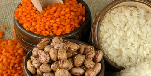 Lentils, Beans and Rice in Wooden Bowls