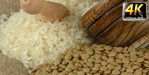 Rice and Lentils Next to Wooden Bowl