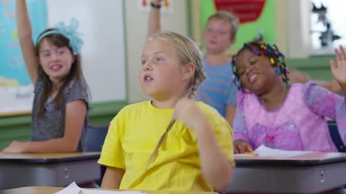 Students raise hands in school classroom