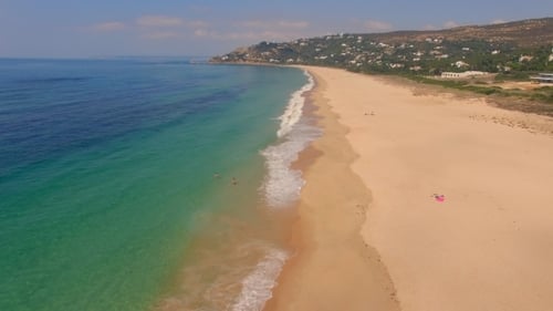 Aerial View From Flying Drone Over Beach And Sea