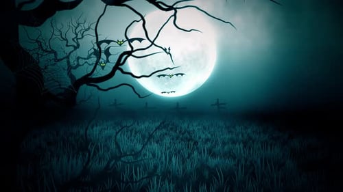 Spooky Halloween Night Animation with Flying Bats and Full Moon