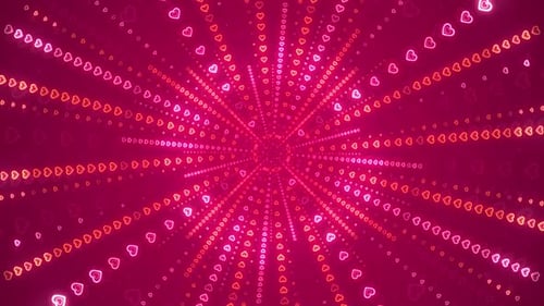 Glowing Hearts Tunnel with Radial Light Rays Loop Background