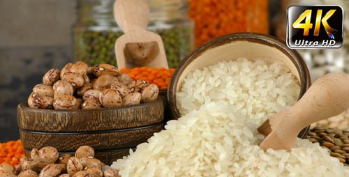 Dried Beans, Lentils, and Rice in Wooden Bowls