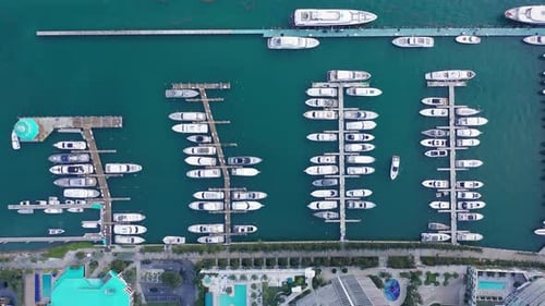 Aerial Top View on the Yachts at the Marina Port, Miami Downtown