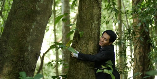 Man Hugs Tree Trunk in Lush Forest