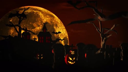 Animated Halloween Scene with Haunted House, Jack-o'-Lanterns, and Flying Bats