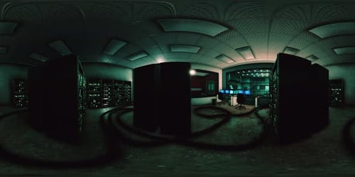 VR360 Futuristic Dark Data Center with Metal and Lights
