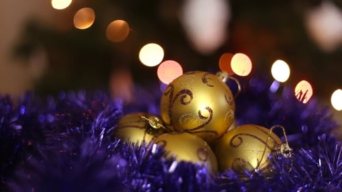 Festive Gold Baubles with Blue Tinsel Decoration
