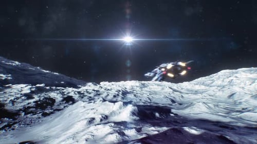 Futuristic Spacecraft Flying Over Rocky Alien Planet Surface