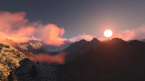 Bei Sonnenuntergang über Berge fliegen V3