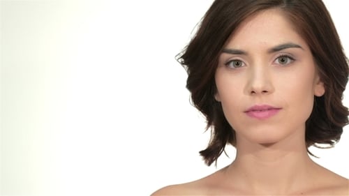 Woman Rotating Head Close Up on White