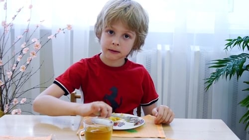 Boy Eating Meal at Table Indoors