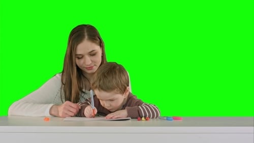Woman and Child Drawing with Markers on Green Screen