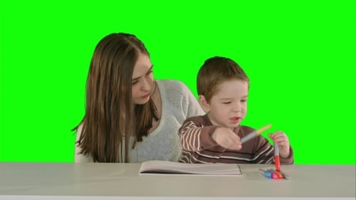 Woman and Boy Drawing with Chroma Key Background