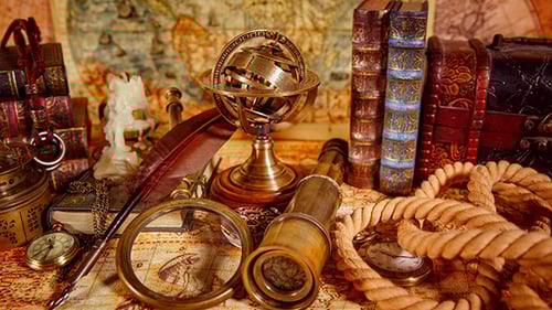 Antique Globe and Books on Old World Map