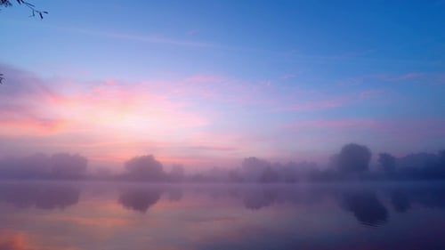Amanecer en niebla en el agua del río