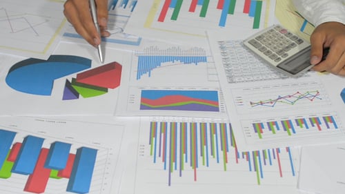 Analyst Reviews Financial Charts and Enters Data