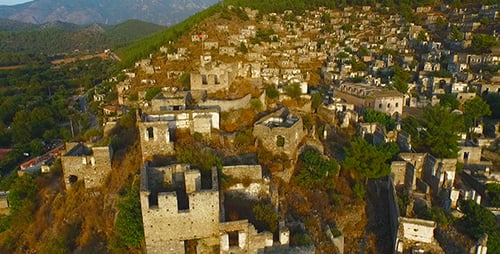 Aerial View of Ghost Village Ruins on Hillside