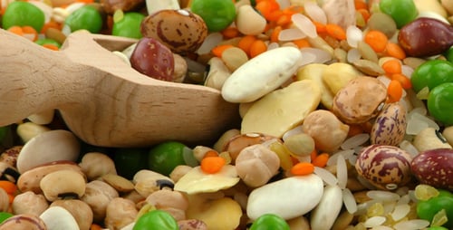 Assorted Legumes, Grains, and Pulses with Wooden Spoon