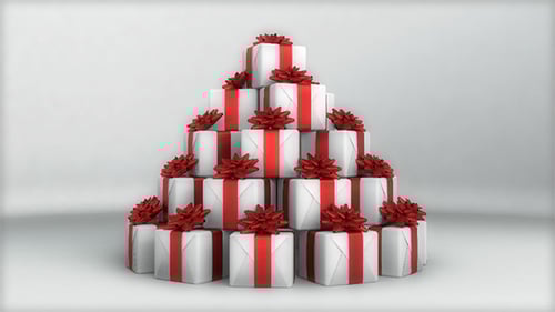 Rotating Pyramid of Gift Boxes with Red Ribbons