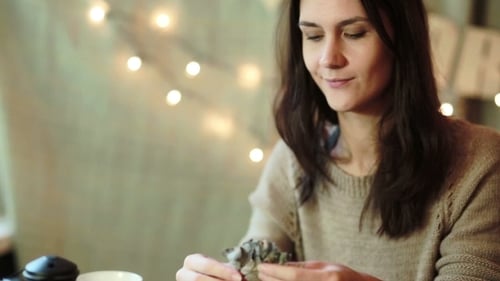 Woman Decorates Christmas Presents with Ribbons and Greenery