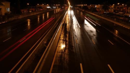 Night Road with Car Light Streaks, Urban Traffic
