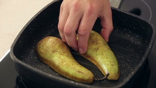 Pears Grilling in a Pan, Preparing Food