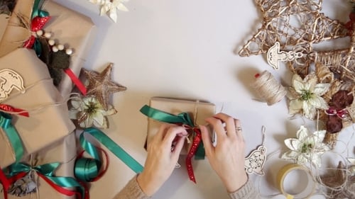 Top View. Wrapping Christmas Presents