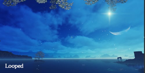 Enchanting Night Landscape with Crescent Moon and Shimmering Water