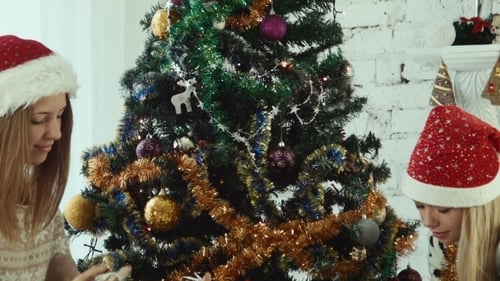 Two Girlfriends Decorate The Christmas Tree