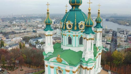 Flying Around Saint Andrews Church in Kiev. The Famous Andrew's Descent in the Capital of Ukraine